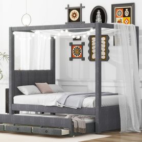 Twin Size Upholstery Canopy Platform Bed with Trundle and Three Storage Drawers