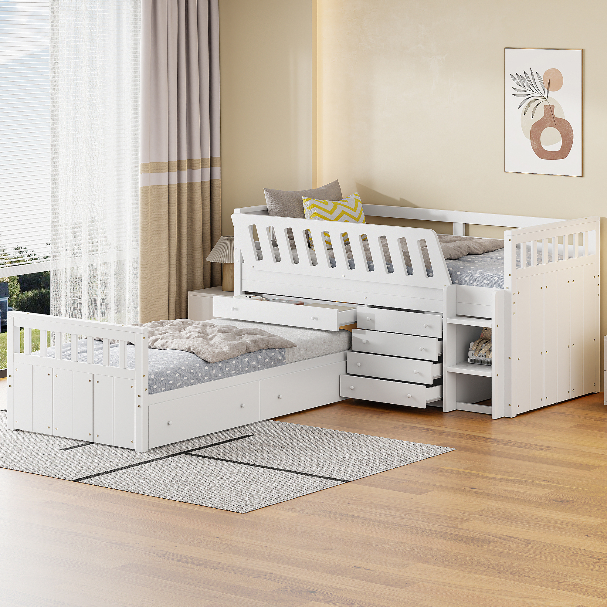 Space-Saving Twin Loft and Twin Platform Bed with 7 Drawers and Full Guardrails