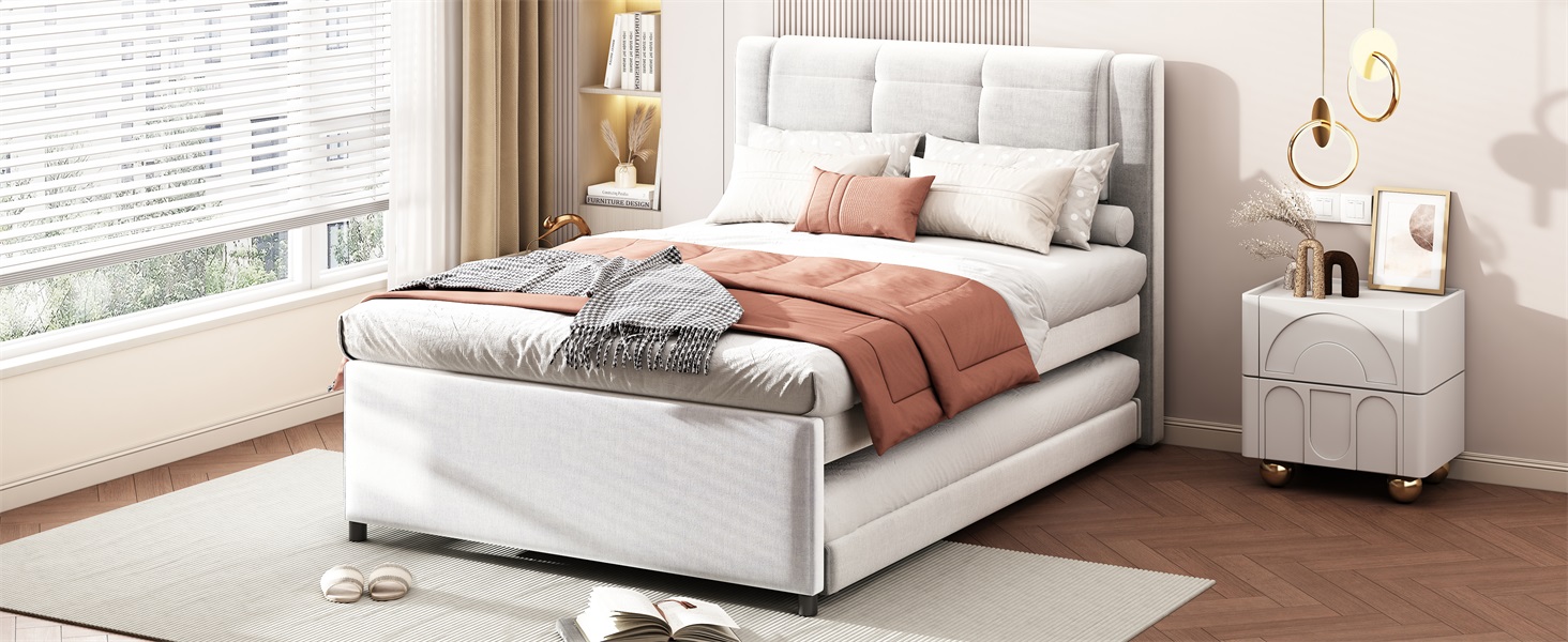 Full Size Upholstery Platform Bed With Trundle, Trundle Can Be Flat Or Erected 11 Full Size Upholstery Platform Bed With Trundle, Trundle Can Be Flat Or Erected