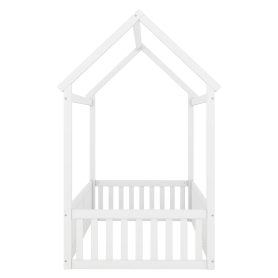 Twin Size Wood House Bed with Fence and Door