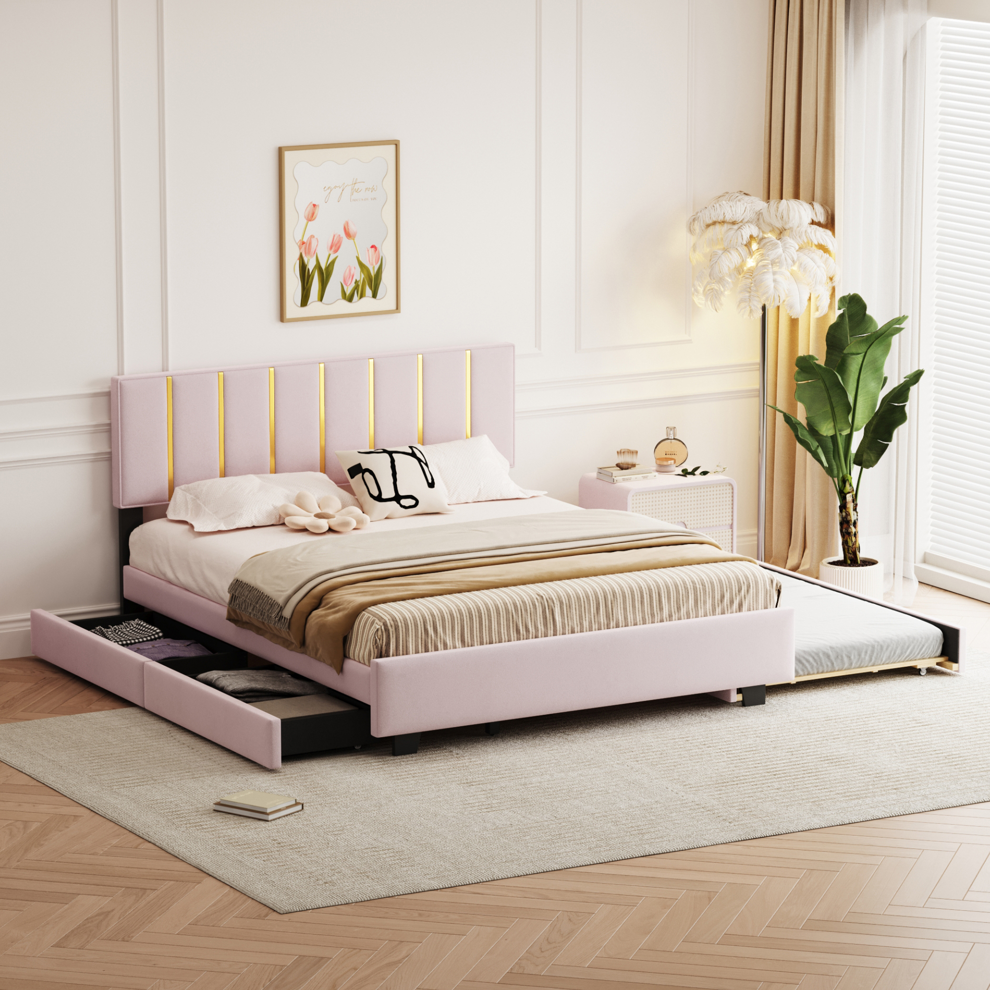 Queen Size Upholstered Platform Bed with 2 Drawers and 1 Double Trundle, Classic Metal Strip Headboard Design