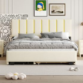 Queen Size Upholstered Platform Bed with 2 Drawers and 1 Double Trundle, Classic Metal Strip Headboard Design
