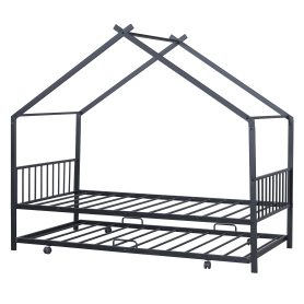 Twin Size Metal House Bed with Twin Size Trundle