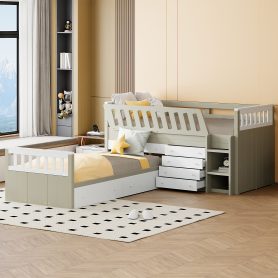Space-Saving Twin Loft and Twin Platform Bed with 7 Drawers and Full Guardrails