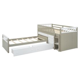 Space-Saving Twin Loft and Twin Platform Bed with 7 Drawers and Full Guardrails