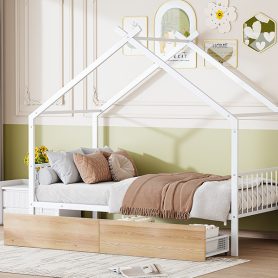 Twin Size Metal House Bed With Two Drawers