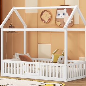 Twin Size Wood House Bed with Fence and Door