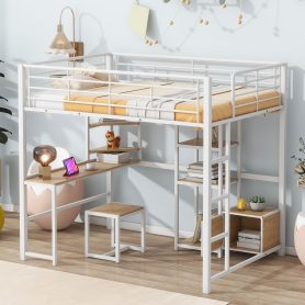 Full Size Metal Loft Bed With Open-style Wardrobe, Shelves And Cabinet