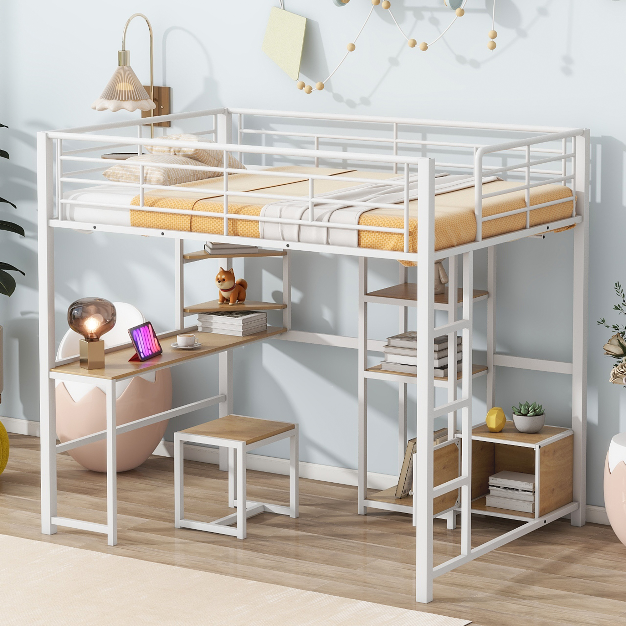 Full Size Metal Loft Bed With Open-style Wardrobe, Shelves And Cabinet