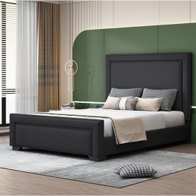 Queen Size Upholstered Bed With Wooden Slats Support