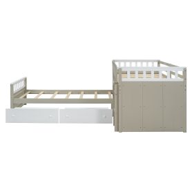 Space-Saving Twin Loft and Twin Platform Bed with 7 Drawers and Full Guardrails