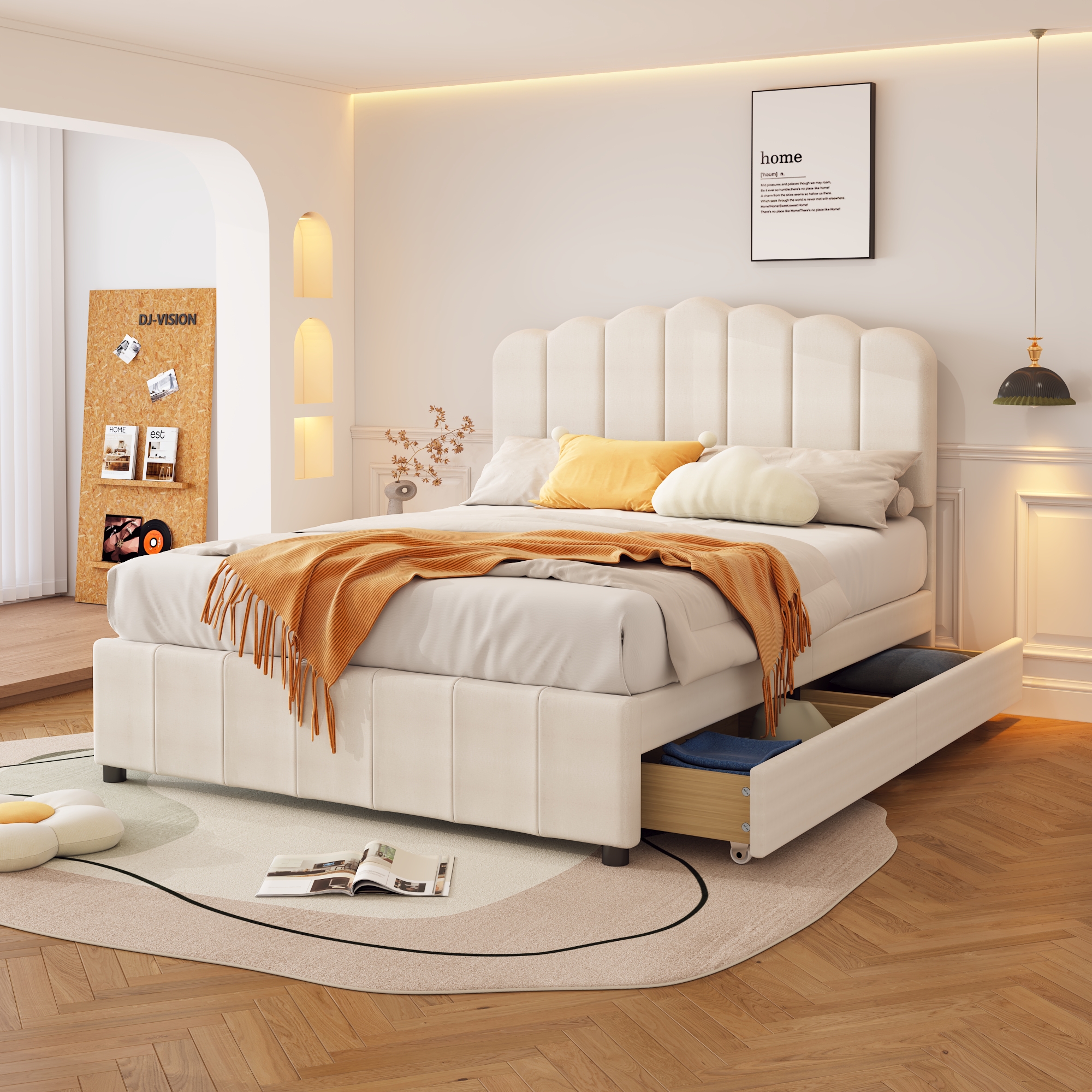 Full Size Upholstered Platform Bed with 4 Storage Drawers, Wood Slat Support