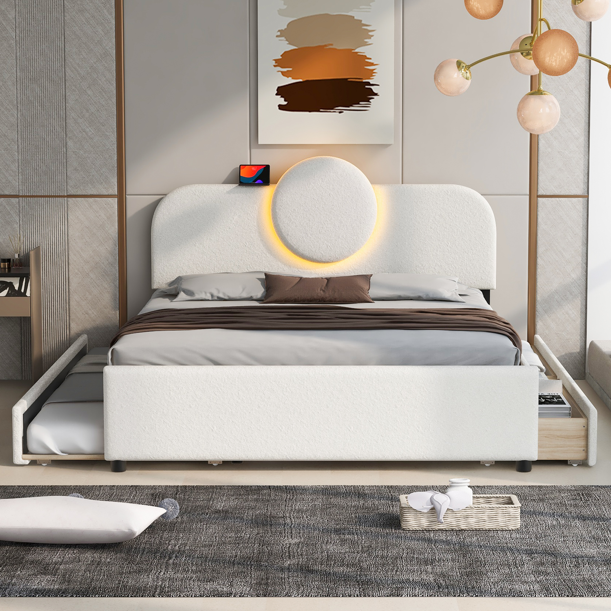 Queen Size Upholstered Platform Bed with Multi-functional Headboard, Trundle and 2 Drawers