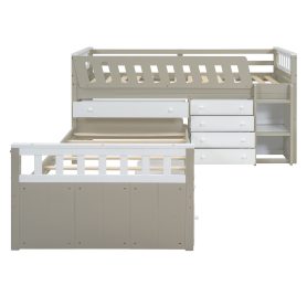 Space-Saving Twin Loft and Twin Platform Bed with 7 Drawers and Full Guardrails