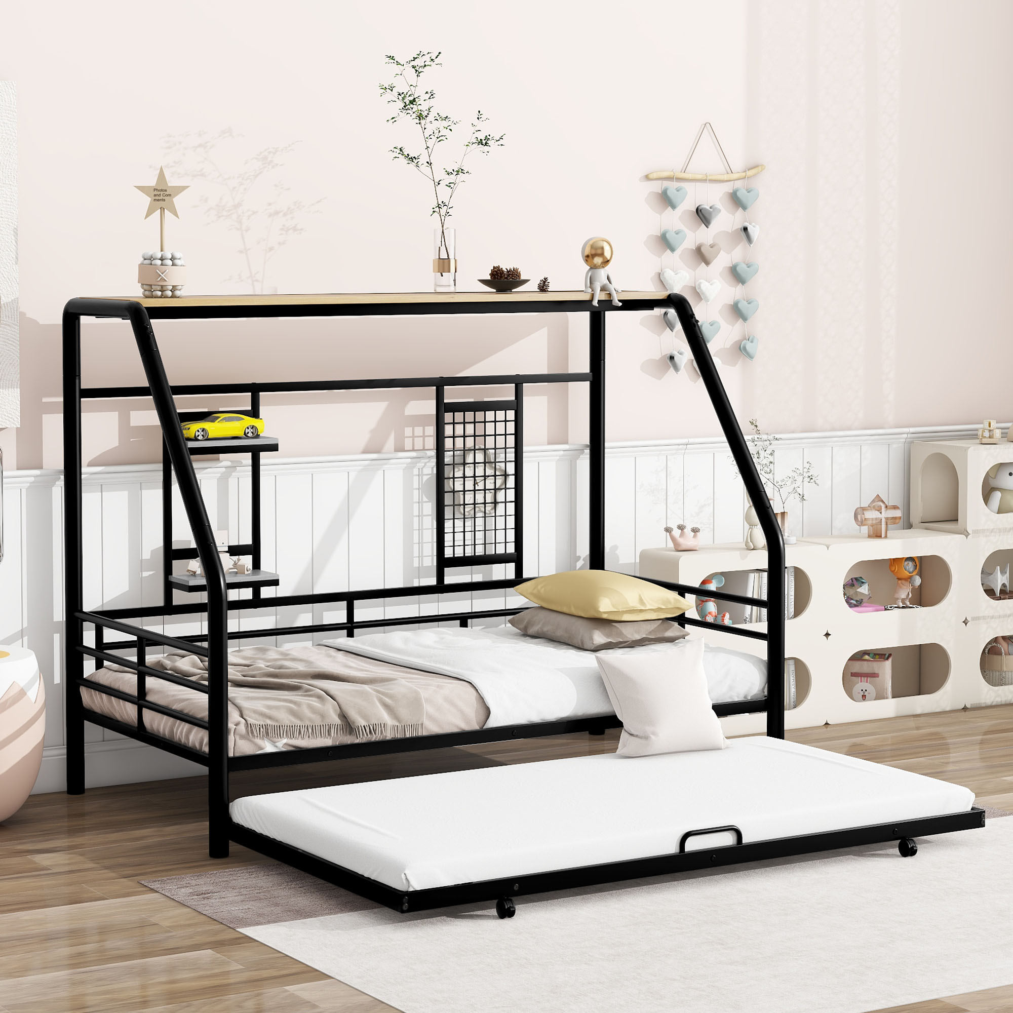 Full Size Metal House Bed With Trundle