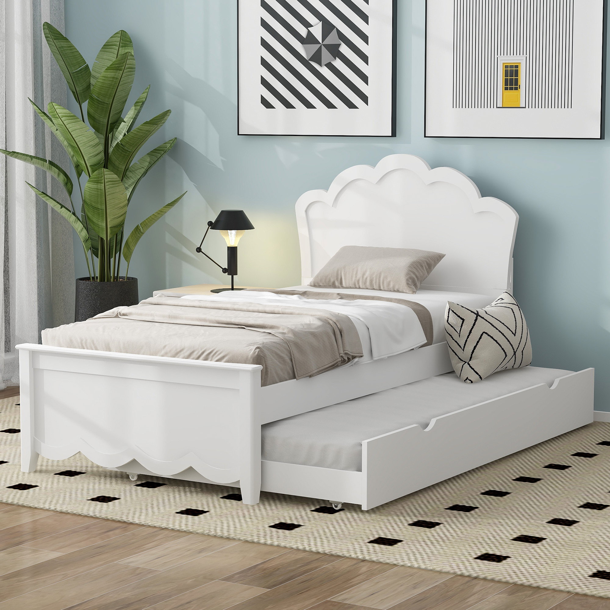 Twin Size Wood Platform Bed with Headboard and Twin Size Trundle