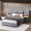 Full Size Upholstered Platform Bed, Two Outlets and USB Charging Ports on Both Sides, Two Bedside Pillows, Storage Shelves