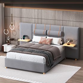 Full Size Upholstered Platform Bed, Two Outlets and USB Charging Ports on Both Sides, Two Bedside Pillows, Storage Shelves