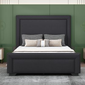 Queen Size Upholstered Bed With Wooden Slats Support