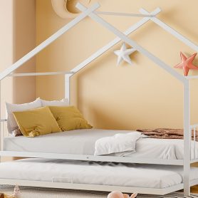 Full Size Metal House Bed With Twin Size Trundle