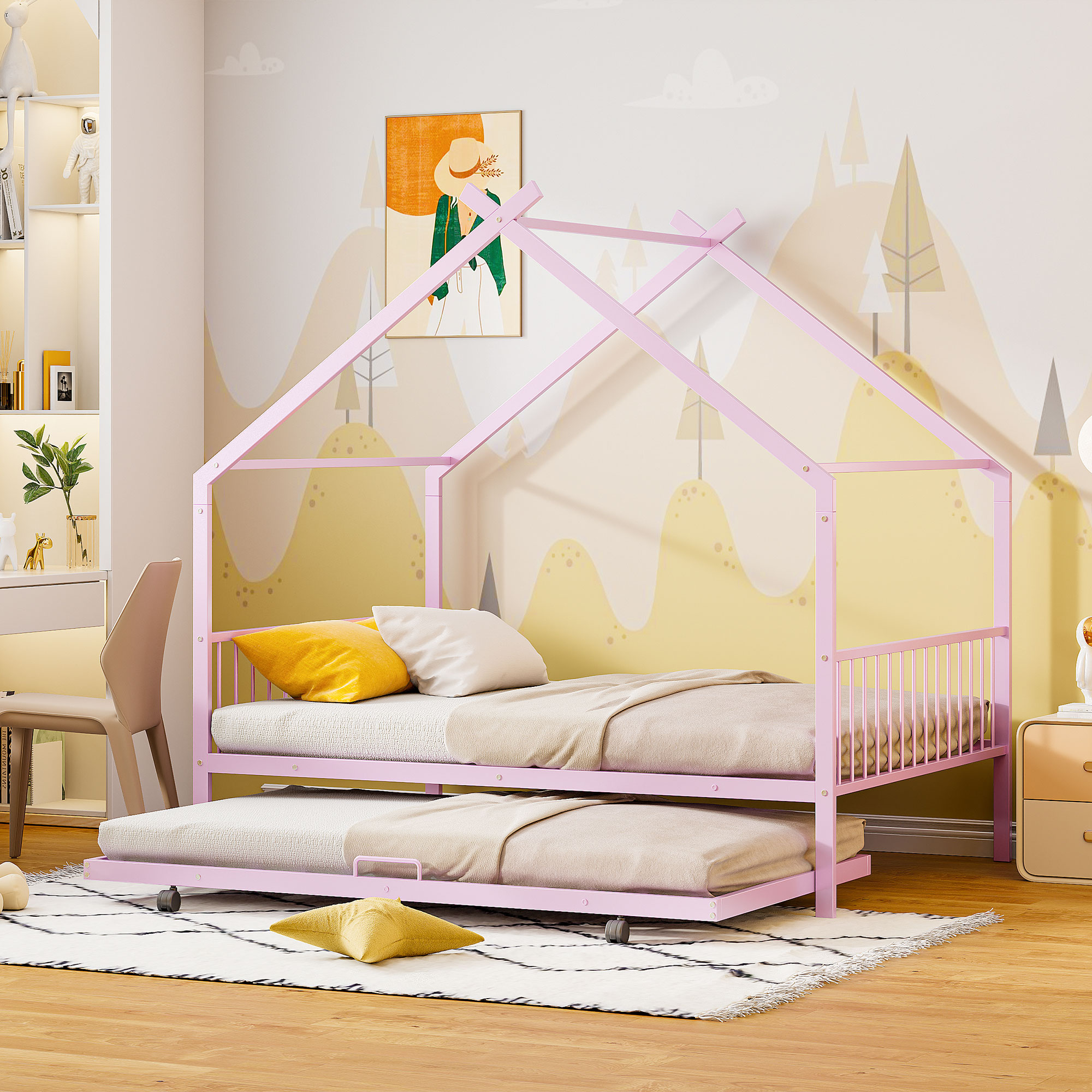 Twin Size Metal House Bed with Twin Size Trundle