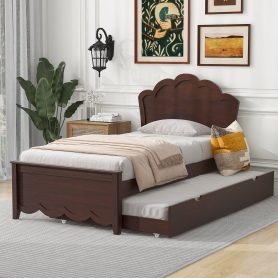 Twin Size Wood Platform Bed with Headboard and Twin Size Trundle