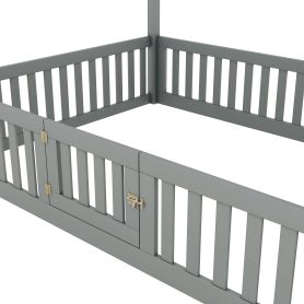 Full Size Wood House Bed With Fence And Door