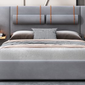 Queen Size Upholstered Platform Bed, Two Outlets and USB Charging Ports on Both Sides, Two Bedside Pillows, Storage Shelves