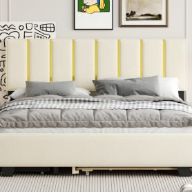 Queen Size Upholstered Platform Bed with 2 Drawers and 1 Double Trundle, Classic Metal Strip Headboard Design