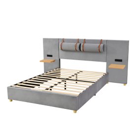 Queen Size Upholstered Platform Bed, Two Outlets and USB Charging Ports on Both Sides, Two Bedside Pillows, Storage Shelves