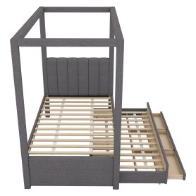 Twin Size Upholstery Canopy Platform Bed with Trundle and Three Storage Drawers