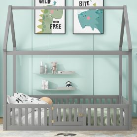 Full Size Wood House Bed With Fence And Door