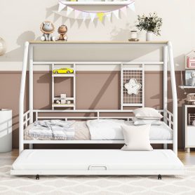 Full Size Metal House Bed With Trundle