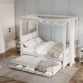 Full Size Upholstery Canopy Platform Bed with Trundle and Three Storage Drawers