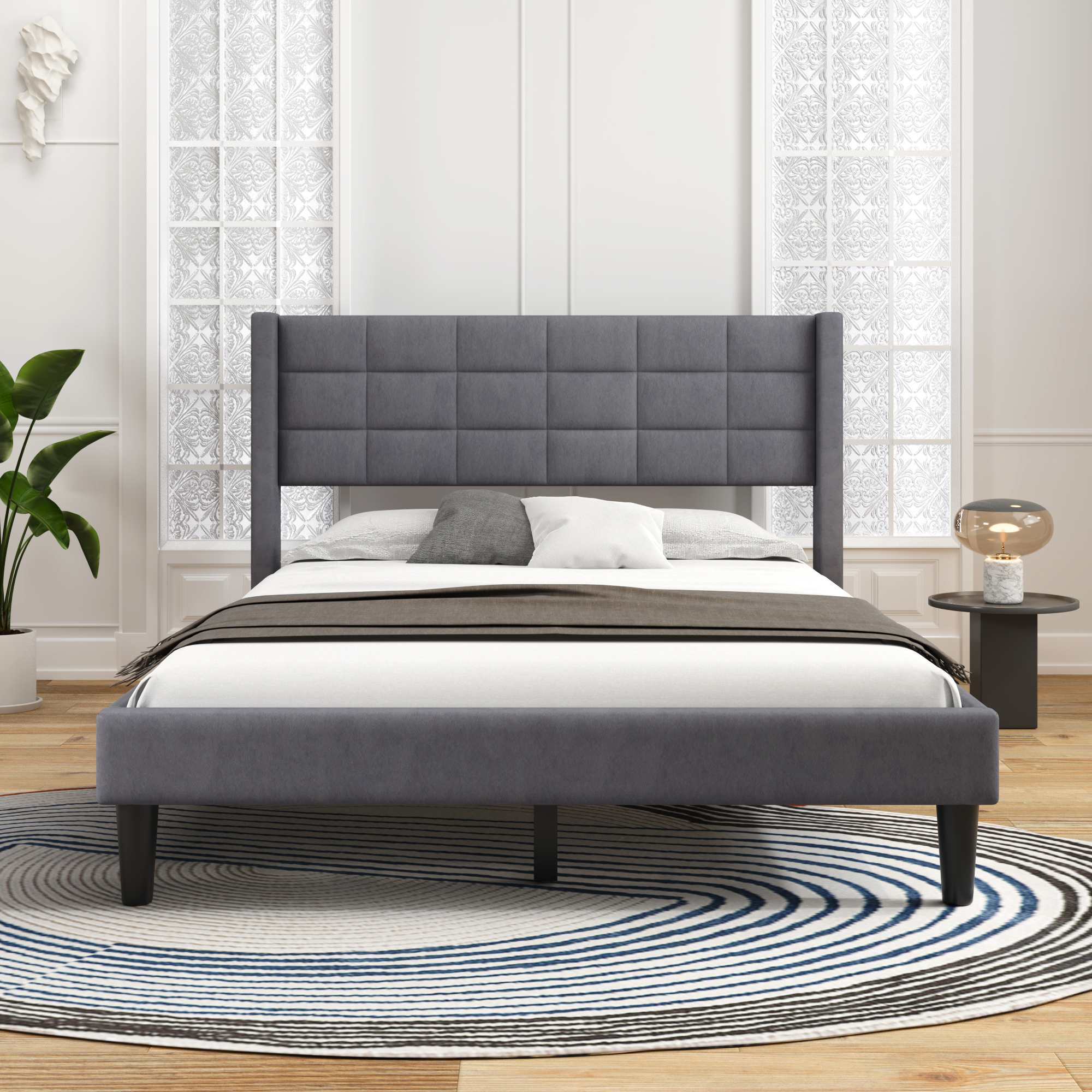 Upholstered Queen Size Platform Bed with Support Legs