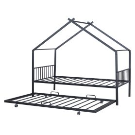 Twin Size Metal House Bed with Twin Size Trundle