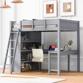 Full Size Loft Bed with Ladder, Desk and Shelf