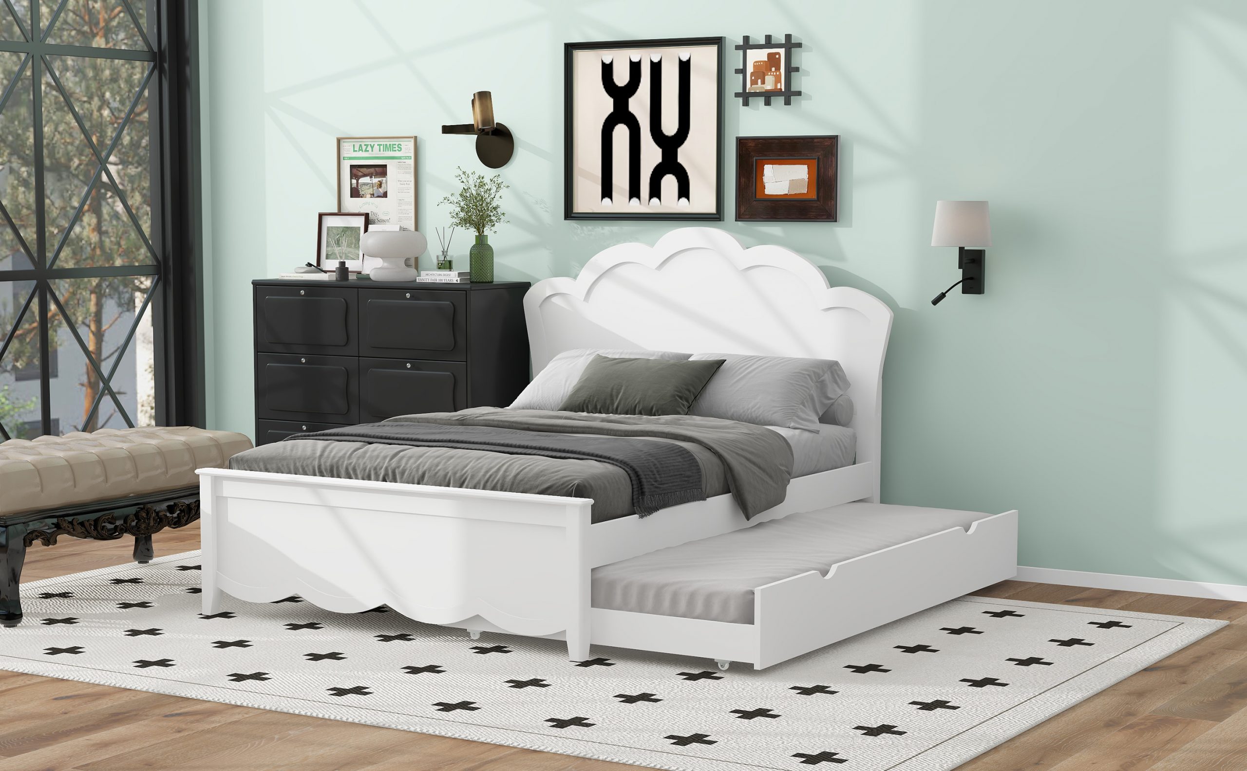 Full Size Wood Platform Bed with Headboard and Twin Size Trundle 6 Full Size Wood Platform Bed with Headboard and Twin Size Trundle