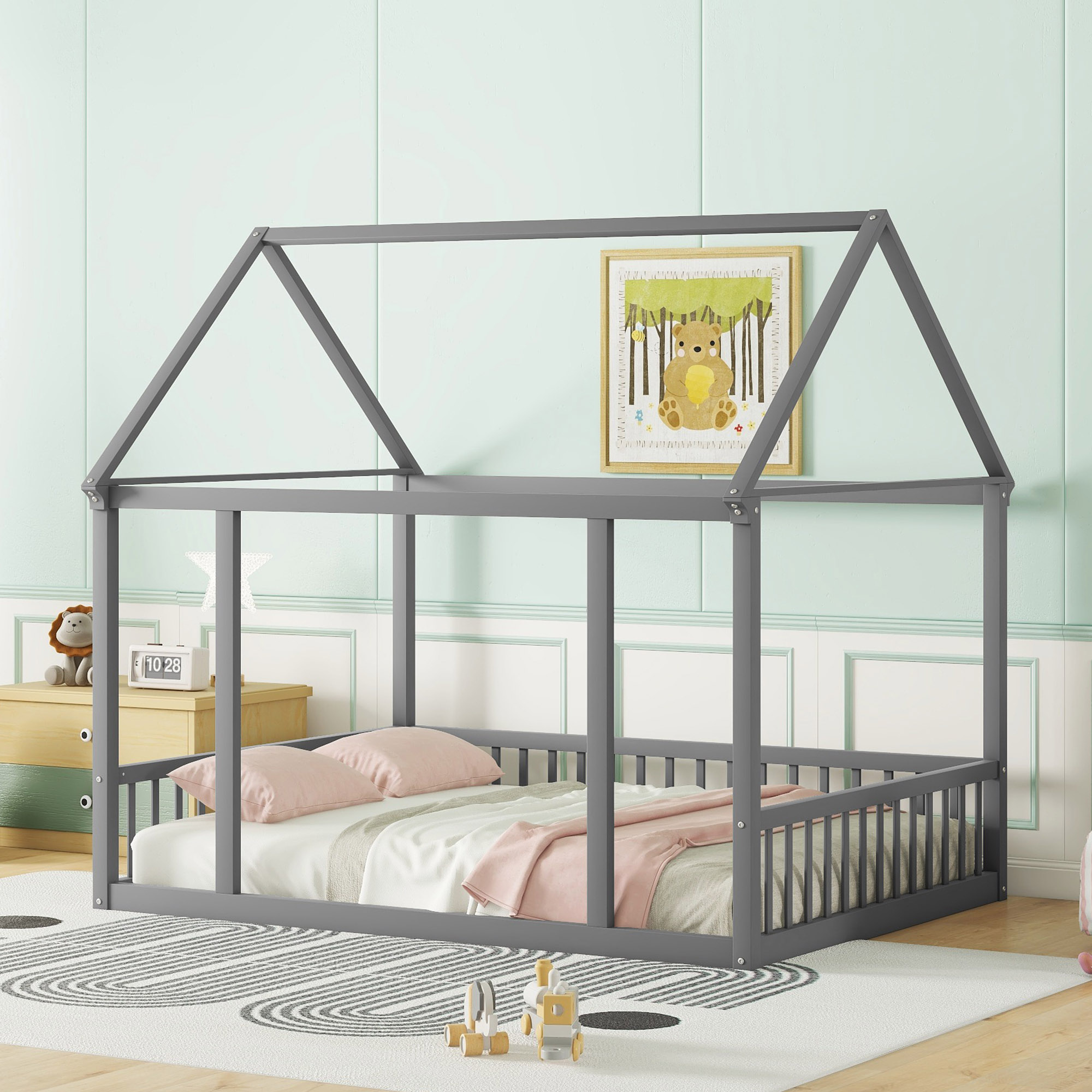 Full Size Floor Wooden Bed with House Roof Frame and Safety Guardrails