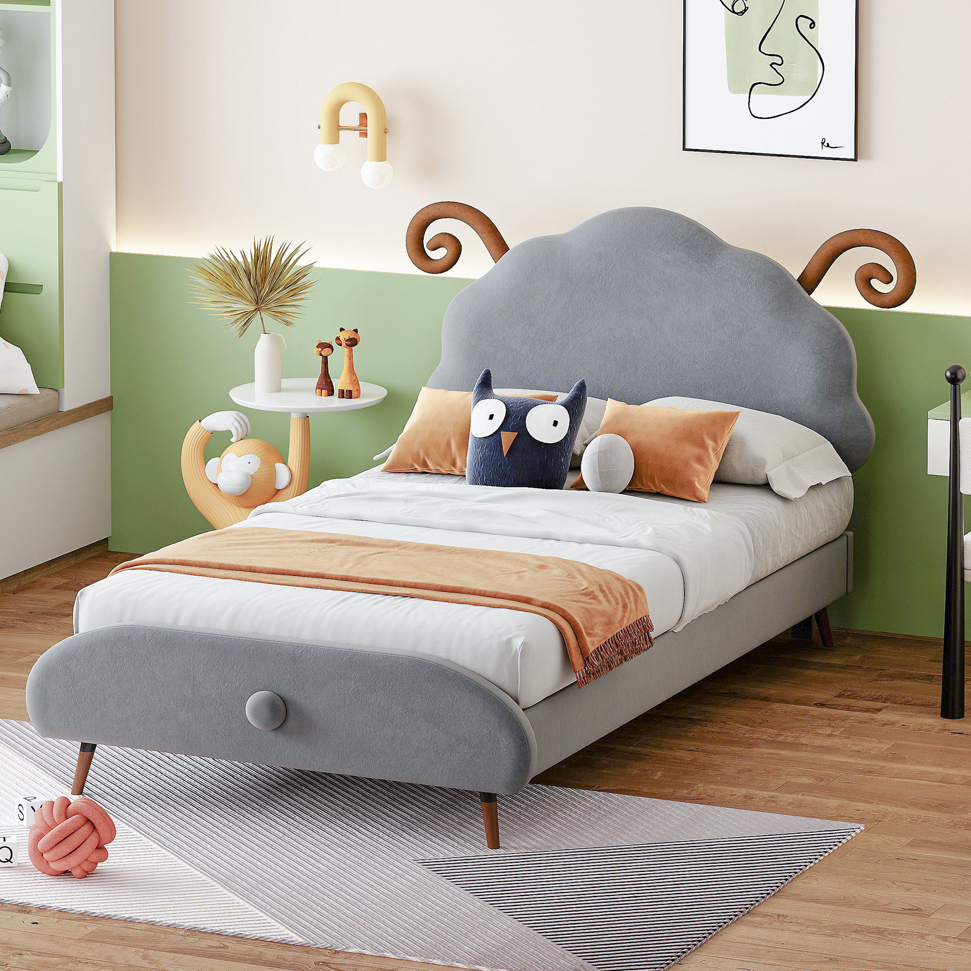 Twin Size Upholstered Platform Bed with Sheep-Shaped Headboard