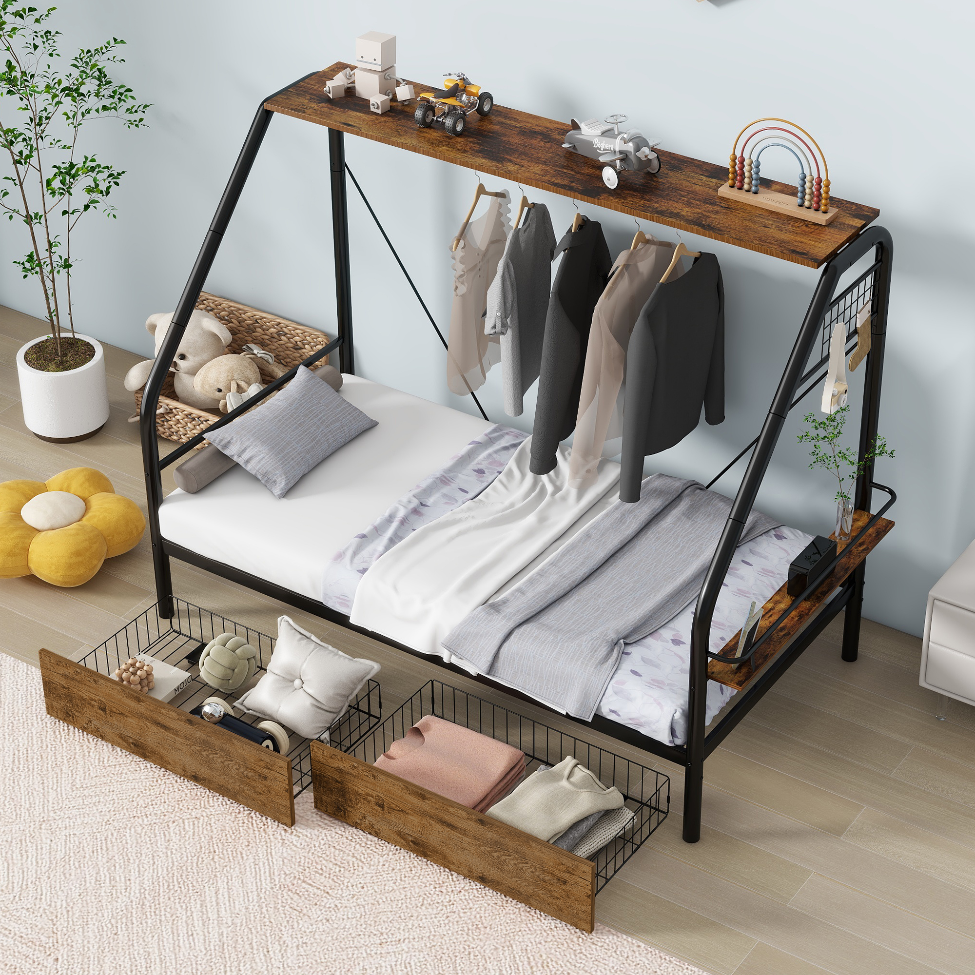 Twin Size Metal Frame Platform Bed with Clothes Rack, Storage Shelves and 2 Drawers