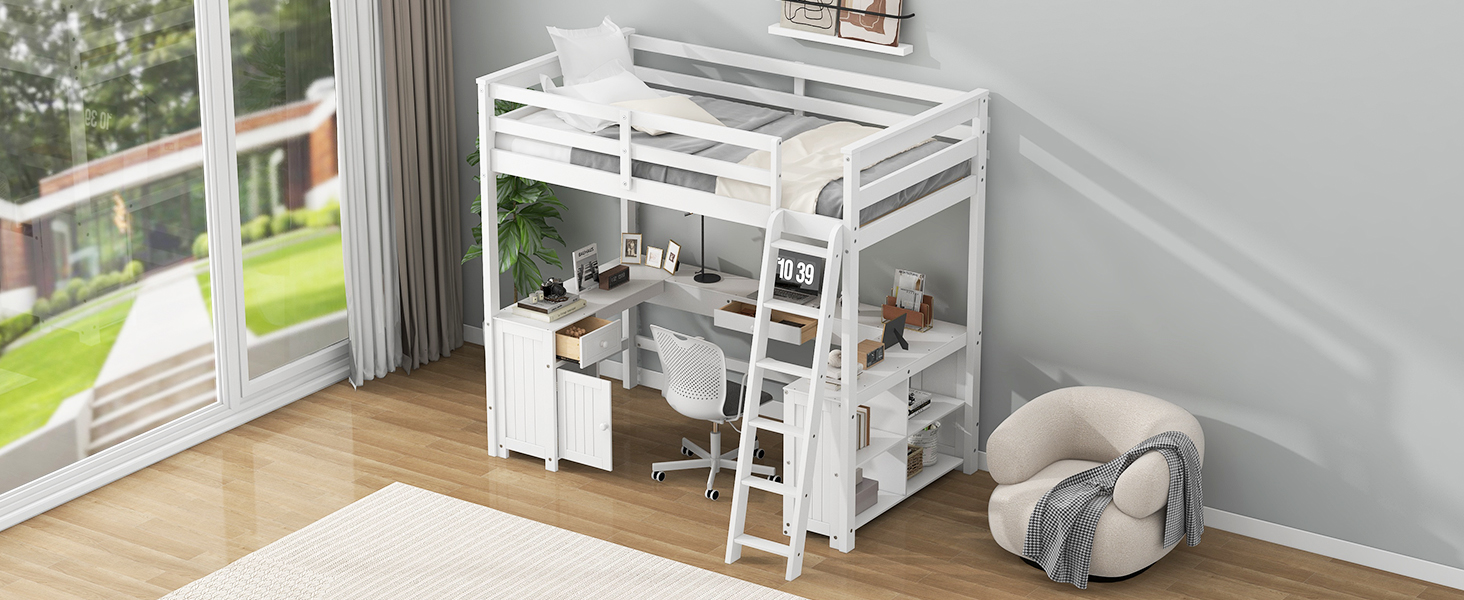 Full Size Loft Bed with U-shaped Desk, Drawers and Storage Shelves 11 Full Size Loft Bed with U-shaped Desk, Drawers and Storage Shelves
