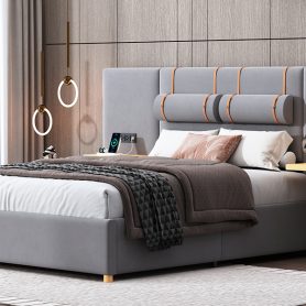 Full Size Upholstered Platform Bed, Two Outlets and USB Charging Ports on Both Sides, Two Bedside Pillows, Storage Shelves