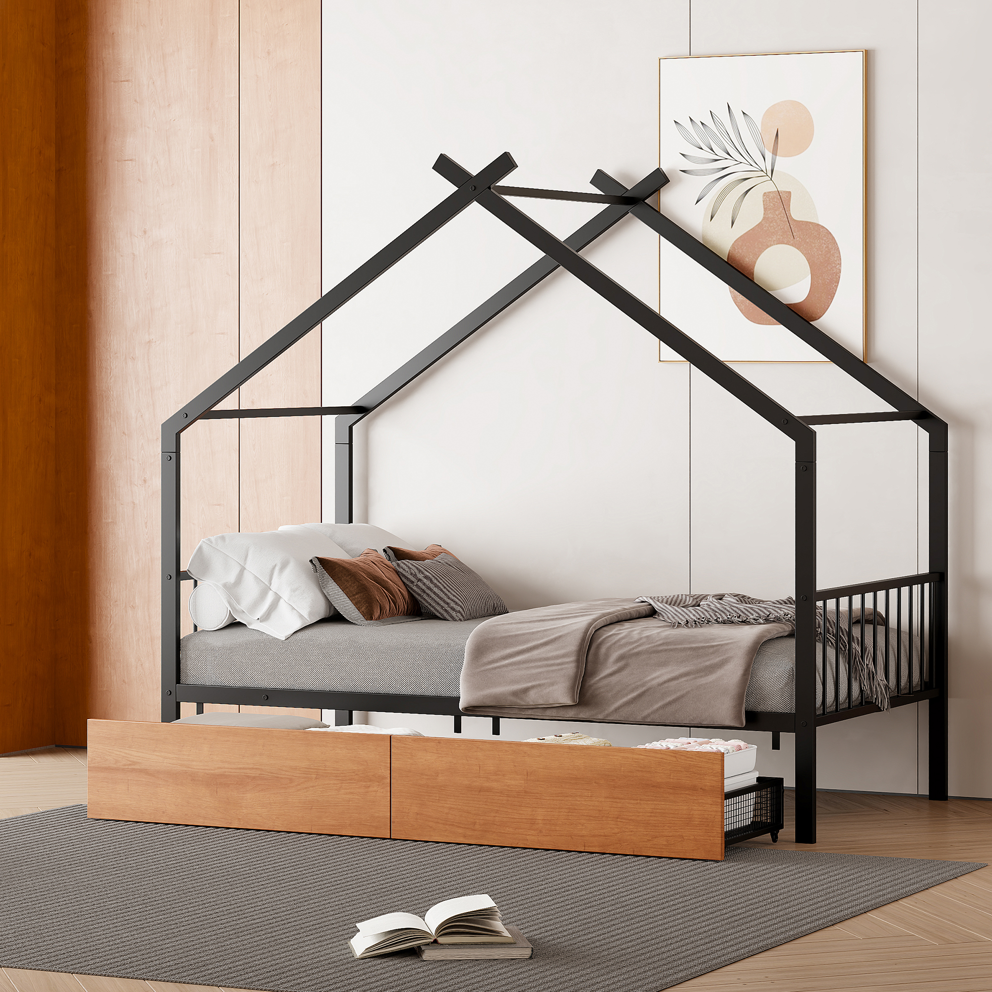 Twin Size Metal House Bed With Two Drawers