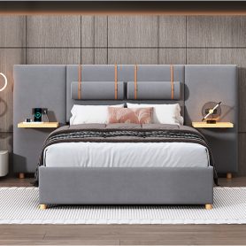 Full Size Upholstered Platform Bed, Two Outlets and USB Charging Ports on Both Sides, Two Bedside Pillows, Storage Shelves