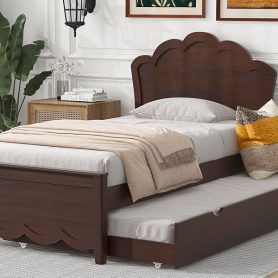 Twin Size Wood Platform Bed with Headboard and Twin Size Trundle