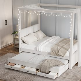 Full Size Upholstery Canopy Platform Bed with Trundle and Three Storage Drawers