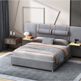 Queen Size Upholstered Platform Bed, Two Outlets and USB Charging Ports on Both Sides, Two Bedside Pillows, Storage Shelves