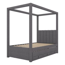 Twin Size Upholstery Canopy Platform Bed with Trundle and Three Storage Drawers