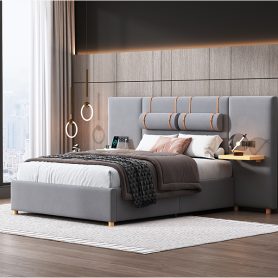 Full Size Upholstered Platform Bed, Two Outlets and USB Charging Ports on Both Sides, Two Bedside Pillows, Storage Shelves